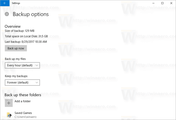 Windows 10 Avanserte innstillinger Sikkerhetskopiering i Innstillinger-appen