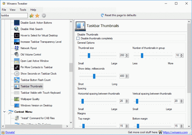 Minijature trake zadataka za podešavanje Winaero Tweakera u sustavu Windows 10 