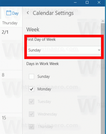Windows 10 კალენდრის შეცვლა კვირის პირველ დღეს ნაბიჯი 3