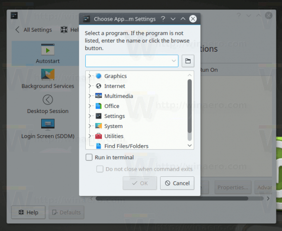 KDE Pievienot lietotni startēšanai