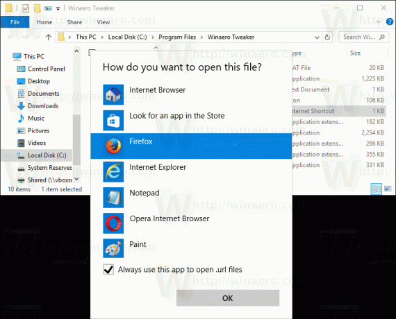 Windows 10 გახსნა URL ფაილების მოქმედებაში