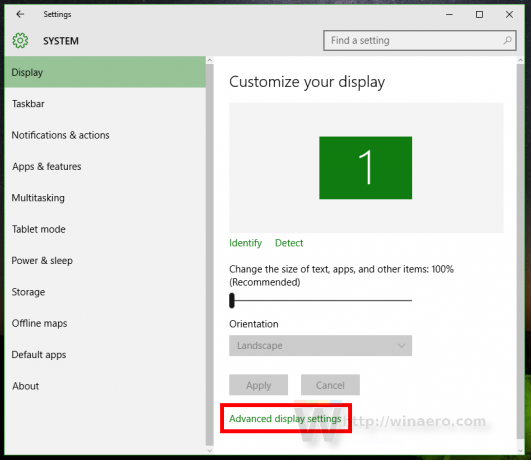 Povezava za napredne nastavitve zaslona za Windows 10