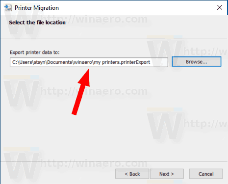 Windows10エクスポートプリンターはファイルの場所を指定します