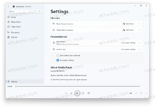 Windows 11 Media Player სისტემის აქცენტის ფერის ვარიანტი