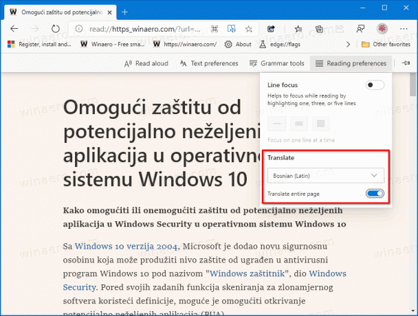 Pohlcujúca čítačka stránok Microsoft Edge Translate
