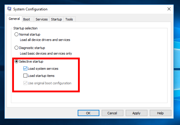 Windows 10 msconfig laster oppstartselementer