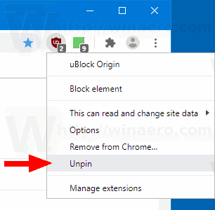 Кнопка расширения Chrome Unpin