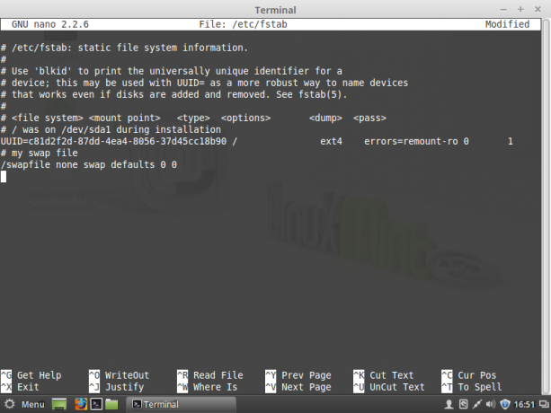 Linux mint swap-tiedosto fstabissa