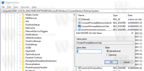 Chování pohotového chování UAC Windows 10 pro standardní uživatele Tweak