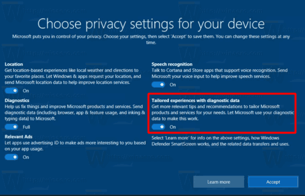 Windows 10 Deaktiver skræddersyede oplevelser under opsætning