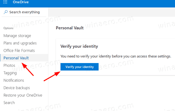OneDrive-Optionen Registerkarte Persönlicher Tresor