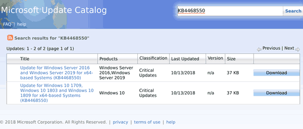 KB4468550 Catalogue de mise à jour Windows