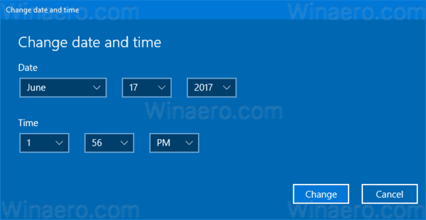 Съвременен диалогов прозорец за промяна на датата на Windows 10 