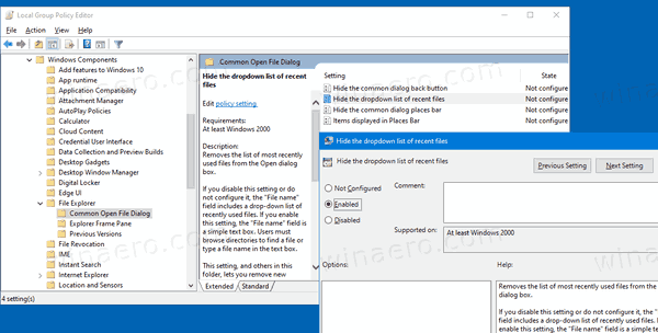 Windows 10 Ukryj ostatnie pliki Rozwijane wspólne okno dialogowe