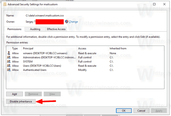 Windows 10 onemogoči podedovana dovoljenja