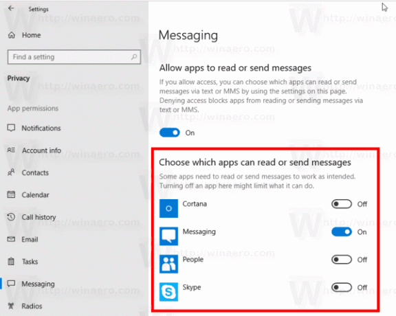 Windows10でメッセージングへの特定のアプリアクセスを無効にする