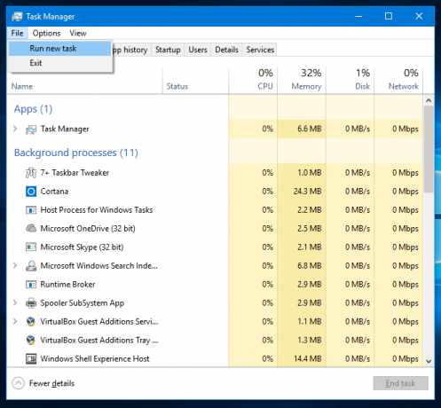 Windows10タスクマネージャーファイルの実行