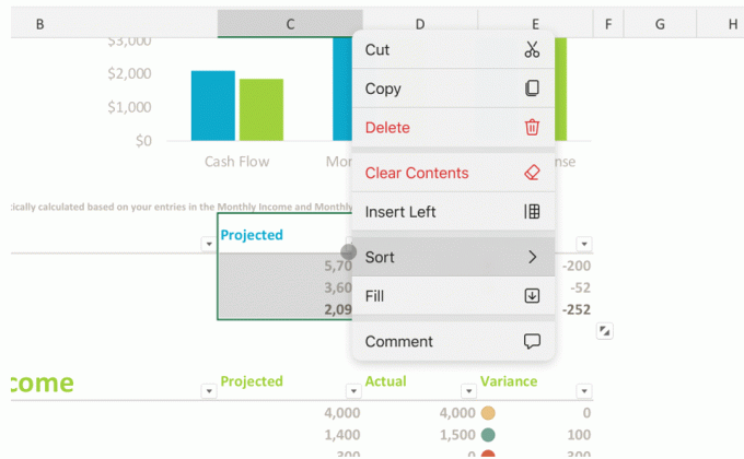 Nov kontekstni meni Excel Ipad