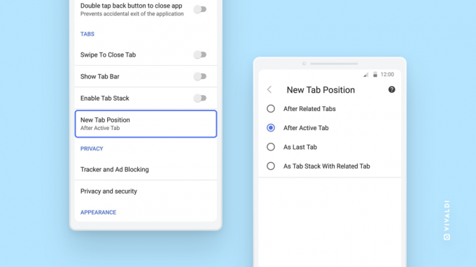 Vivaldi Android uuden välilehden sijainti