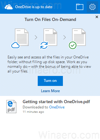 OneDrive Flyout med Indstillinger-ikon 