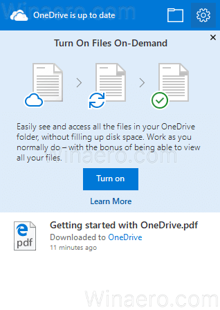 OneDrive Flyout с икона за настройки 