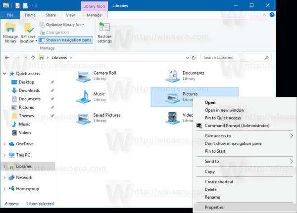 Windows 10:n kirjaston ominaisuudet -kontekstivalikko