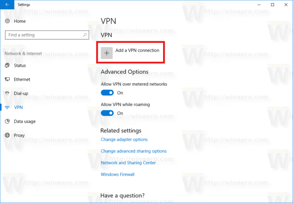 הוסף לחצן חיבור VPN Windows 10