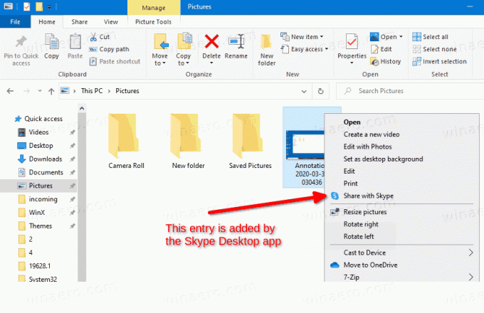 Kopīgot ar Skype kontekstizvēlni, ko pievienoja Skype darbvirsmas lietotne