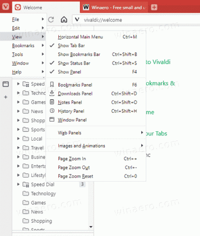 Vivaldi 2.9 Novo menu de visualização