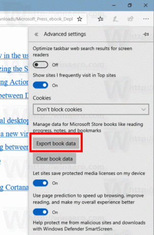 EPUB წიგნის მონაცემების ექსპორტი Microsoft Edge-ში