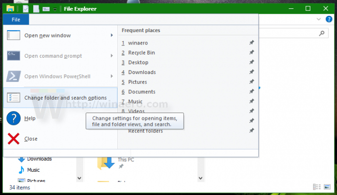 Windows 10 File Explorer قم بتغيير خيارات المجلد والبحث