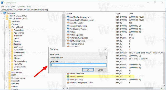 Windows 10 miška Število vrstic za pomikanje registra Tweak