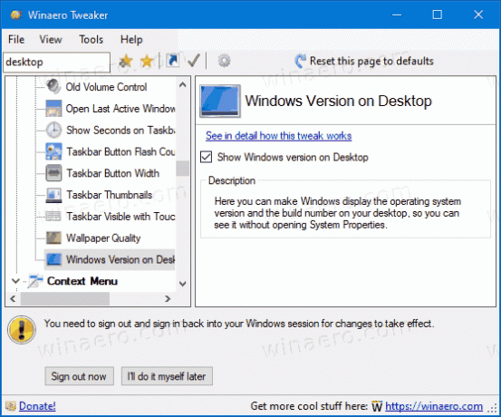 Visa Windows 10-versionen på skrivbordet med Winaero Tweaker