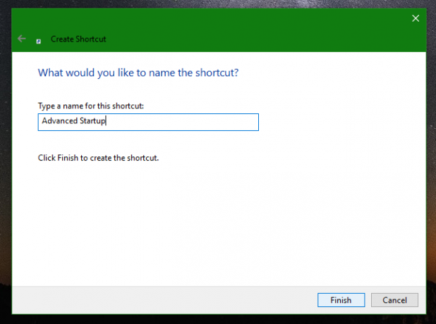 Windows 10:n lisäkäynnistysvaihtoehtojen pikakuvakkeen nimi
