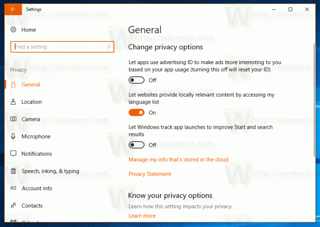 הגדרות Windows 10 פרטיות כללי
