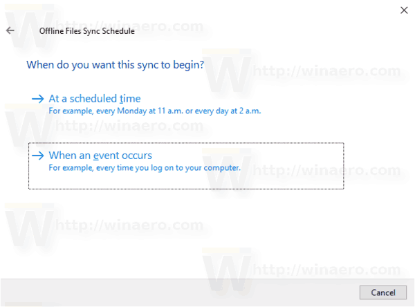 A Windows 10 offline fájlok szinkronizálásának ütemezése az 1. eseménynél