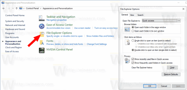 Opções do Explorador de Arquivos do Painel de Controle do Windows 10