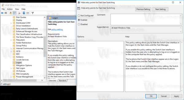Windows 10 rühmapoliitika Keela kiire kasutajavahetus