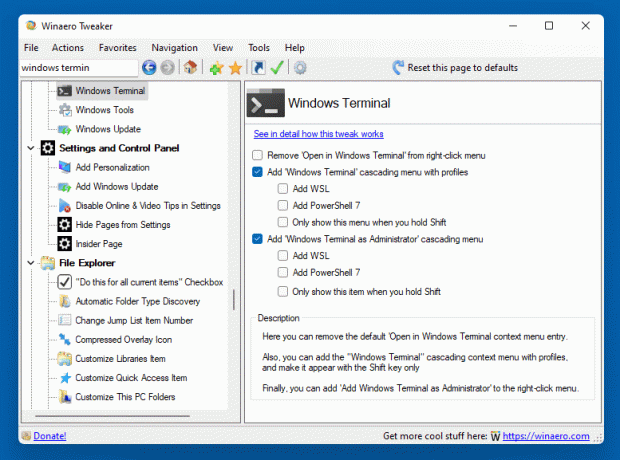 Winaero Tweaker Windows termināļa kontekstizvēlne