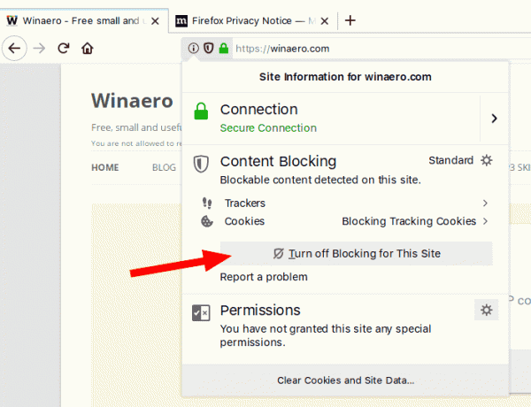 Firefox desativa o bloqueio de conteúdo para um site