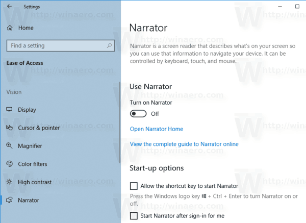 Strona Narratora systemu Windows 10 1903