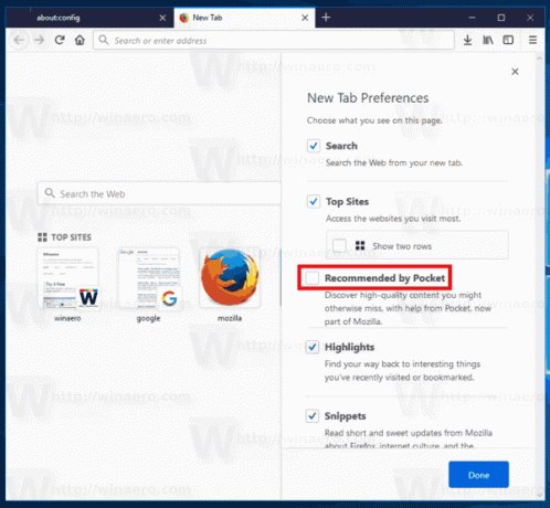 Деактивирайте Pocket New Tab Page Firefox
