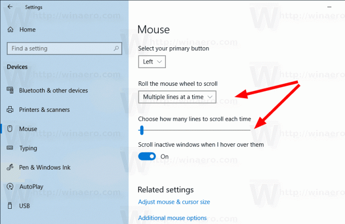 Windows 10 мишка Брой редове за превъртане на настройките 1