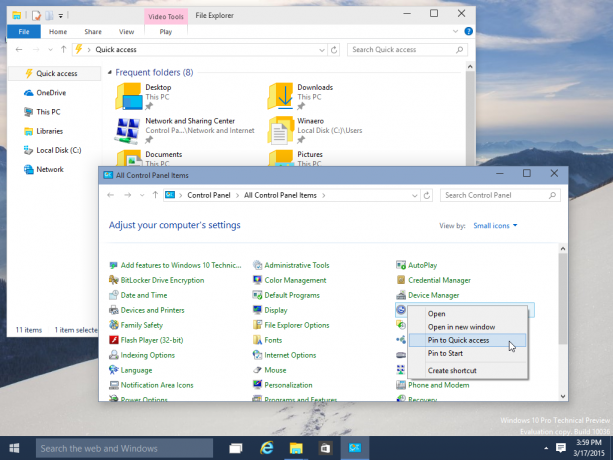 prisegti valdymo skydelio elementą, greita prieiga „Windows 10“.