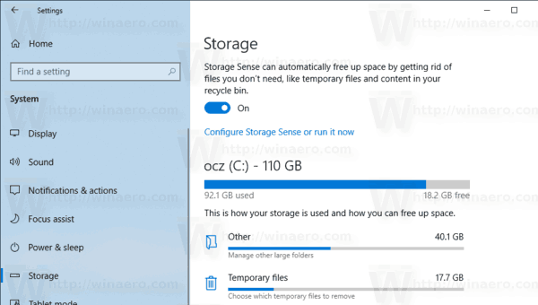 Windows 10 Storage Sense povolené