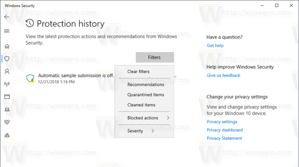 Windows 10 beskyttelseshistorikkside