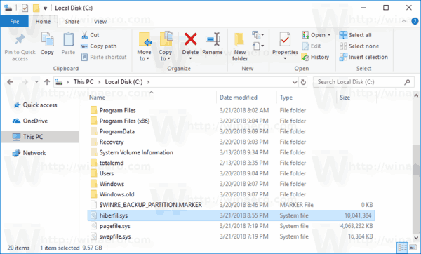 Fichier Windows 10 Hiberfil Sys dans l'explorateur de fichiers