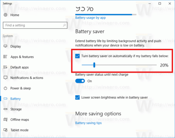 Automātiskais akumulatora taupīšanas režīms ir iespējots operētājsistēmas Windows 10 iestatījumos