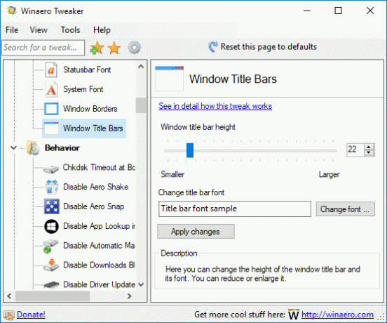 „Windows 10“ pavadinimo juostos nustatymai „Tweaker“.