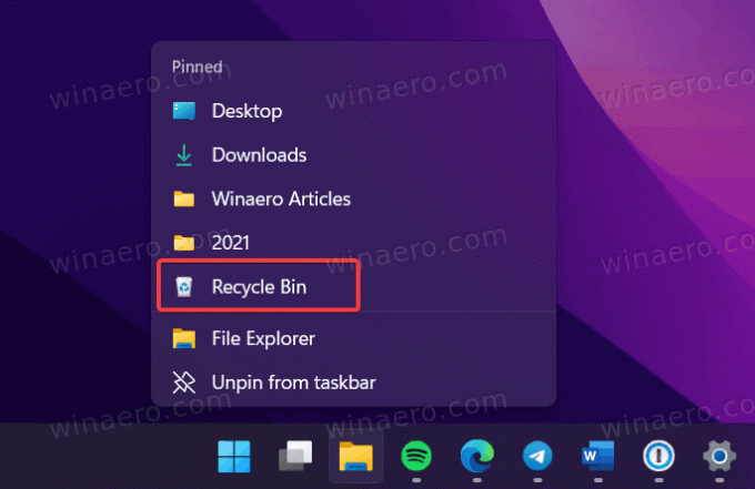 Explorer Jump Listesinden Windows 11 Geri Dönüşüm Kutusu'nu açın